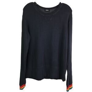 Monrow Sweatshirt Womens L Navy Blue Crewneck Pullover Rainbow Wrists Stretch